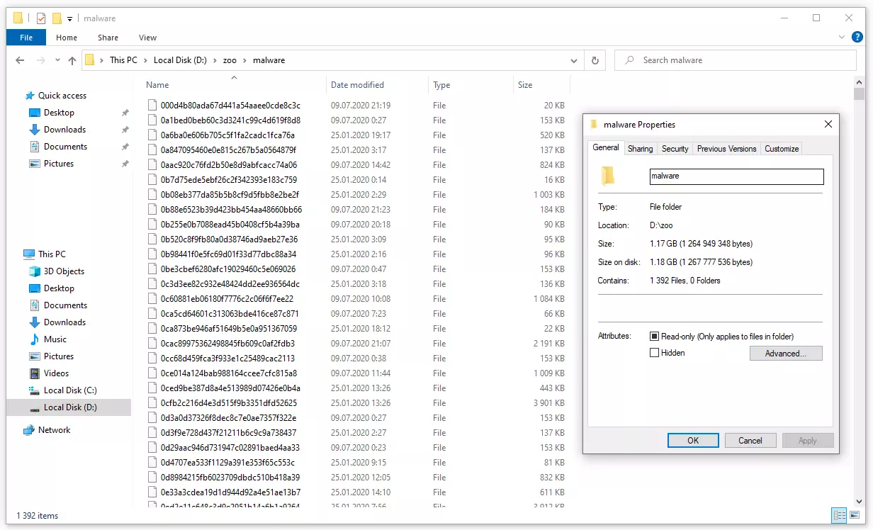 Folder with 1392 viruses inside