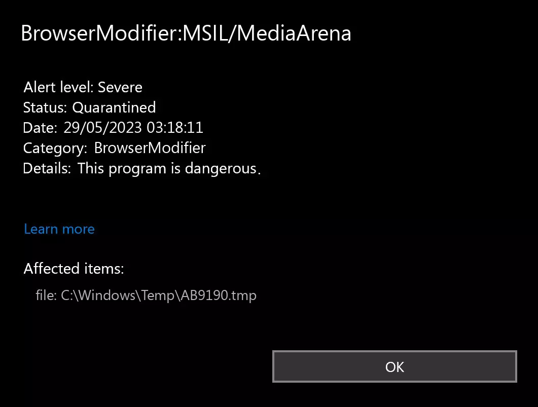 BrowserModifier:MSIL/MediaArena Detection