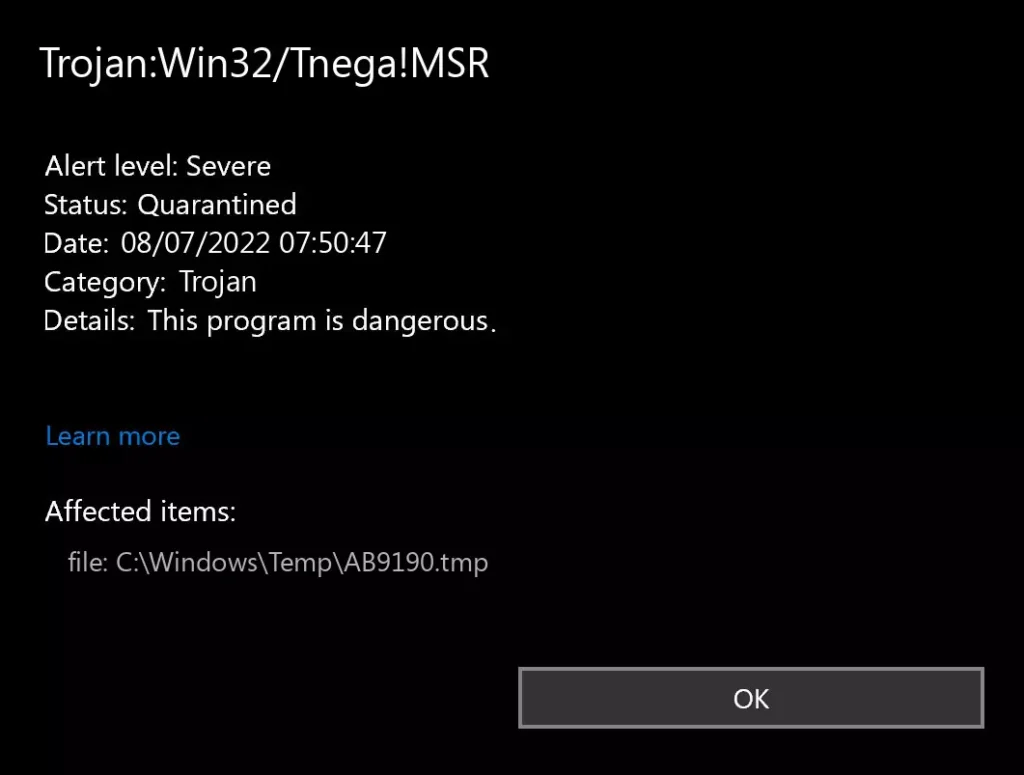 Trojan "Win32/Tnega!MSR" found by Windows Defender