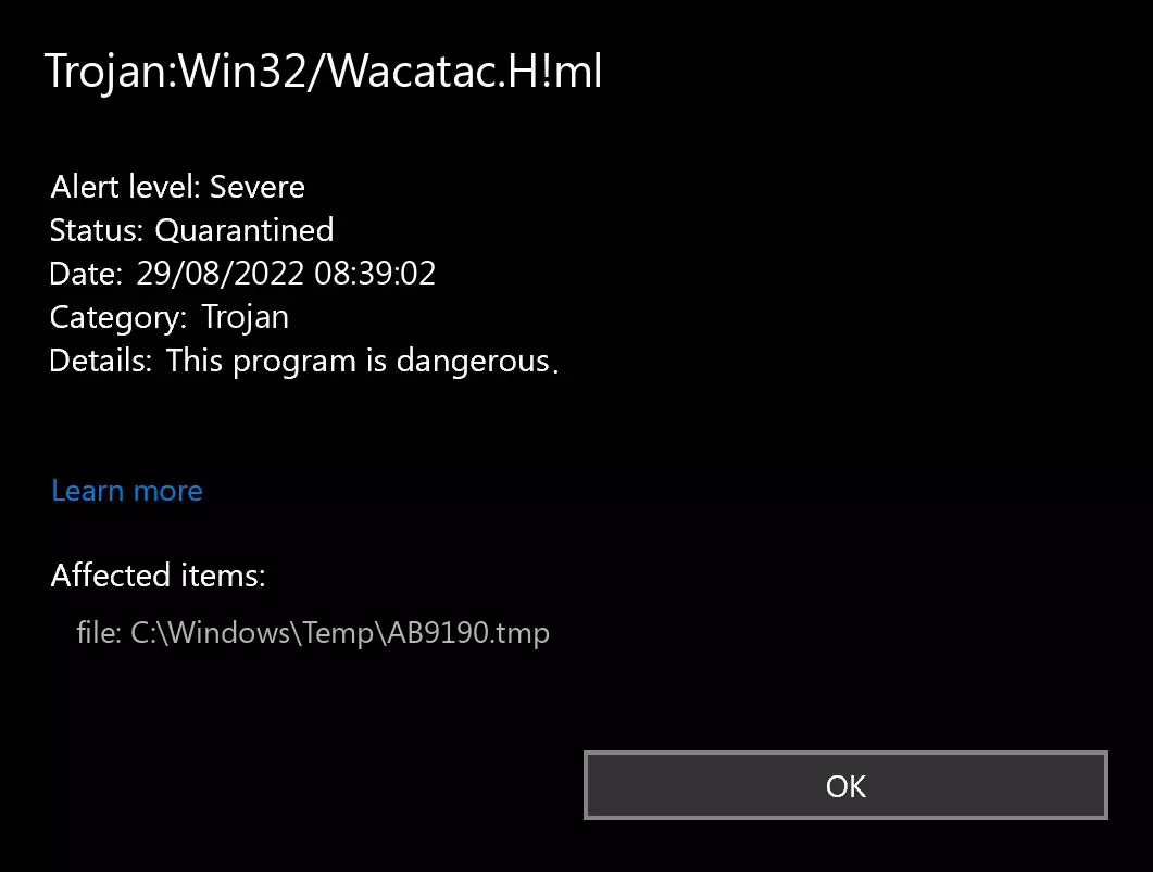 troyen:Win32/Wacatac.H!ml Microsoft Defender