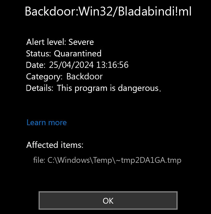 Backdoor:Win32/Bladabindi!ml detection