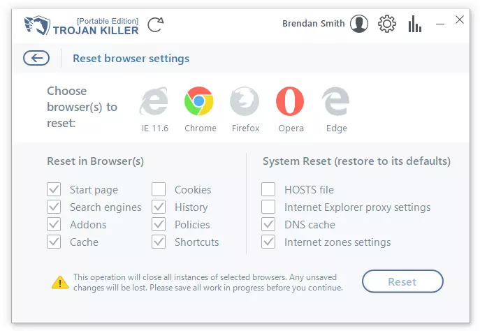 Fenster „Browsereinstellungen“ in Trojan Killer zurücksetzen