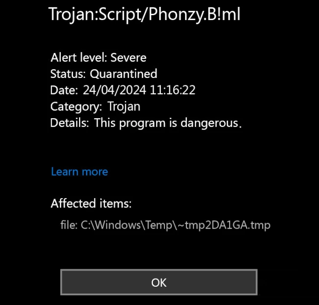 Trojan:Script/Phonzy.B!ml detection