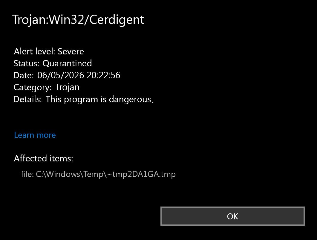 Windows Security alert for Trojan Win32 Cerdigent